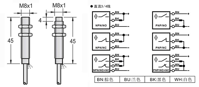 M8-45mm圆柱标准型接近开关出线式